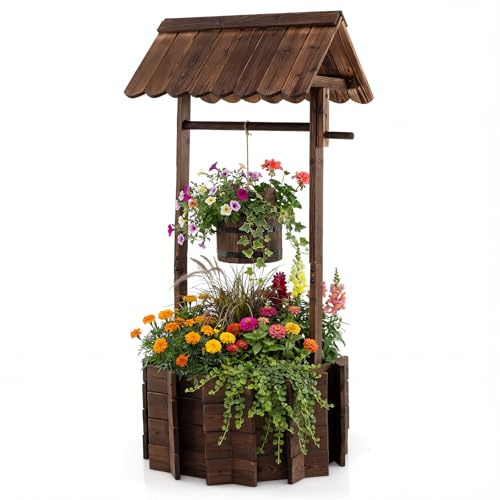 COSTWAY Pozo de Madera con Techo Cubo de Flores Maceta Decoración 56x56x114 centímetros Soporte para Plantas de Jardín Exterior