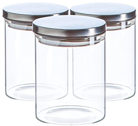 Argon Tableware Scandi Storage Jars with Metallic Silver Lids - 750ml - 3 Pack - Modern Round Organisation Container Glass Jar for Kitchens, Pantry, Bathrooms, Utility Rooms