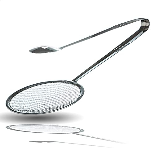 Kerafactum Krapfenzange Kloßzange Frittierkelle Schaumlöffel Abseiher Frittieren | Abtropflöffel Abtropfkelle Abtropfzange für Donuts Krapfen Gnochi | Edelstahl Zange Kelle Schaumkelle Ø 10 cm