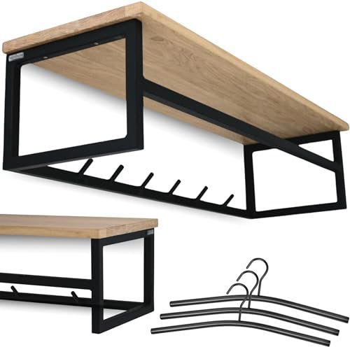holz4home® Garderobe aus Massivholz ohne Baumkante I 92x29x22cm I 3 Kleiderbügel I Naturgeölt Garderobenleiste I Metallrahmen inkl. Haken & Hutablage