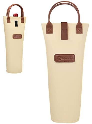 opux Single Bottle Wine Bag Carrier, Insulated Wine Cooler Tote, Cream