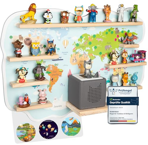 bunnyboo Toniebox Regal - für bis zu 45 Tonies - Testsieger 2024 - Magnetisches Regal für Toniebox und Figuren - geprüfte Qualität - Für Jungen und Mädchen (Weltkarte)