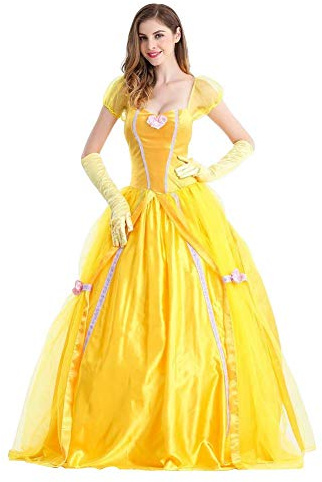 Disfraz de princesa, bonito vestido de la bella y la bestia, adulto, disfraz de hermosa fantasía, disfraz de color amarillo, Halloween, carnaval, fiesta, Navidad, vestido con guantes, #Amarillo, L
