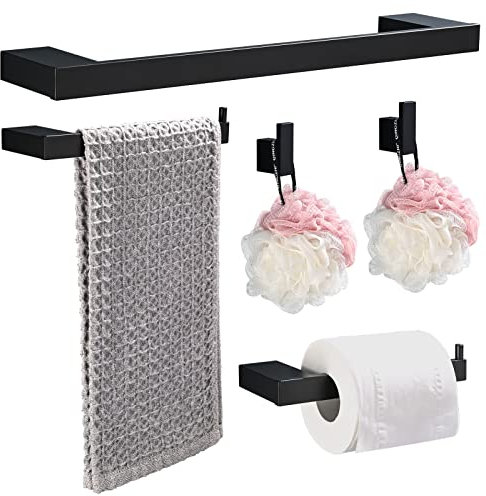 HANFU Porta Asciugamani o Carta Igienica, Accessori Bagno Set di 5, Alluminio da 40cm, Ganci per Accappatoio, Completo da Montaggio a Parete, Nero