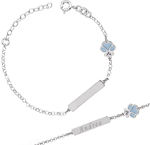 Sakrami Pulsera Bebé Plata 925 Placa Grabable con Nombre y con Oso esmaltado Colección Kids + Caja Regalo Personalizada - Pulsera para Nacimiento Comunión o Bautismo