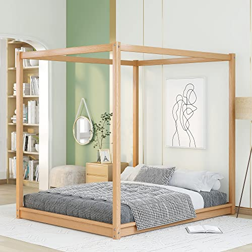 Harper & Bright Designs Queen Canopy Bed Wood 4 Poster Panel Beds, Floor Bed Frame Queen with Solid Wood Slat Support, Queen Size Platform Bed for Kids Teens Adults, No Box Spring Needed, Natural