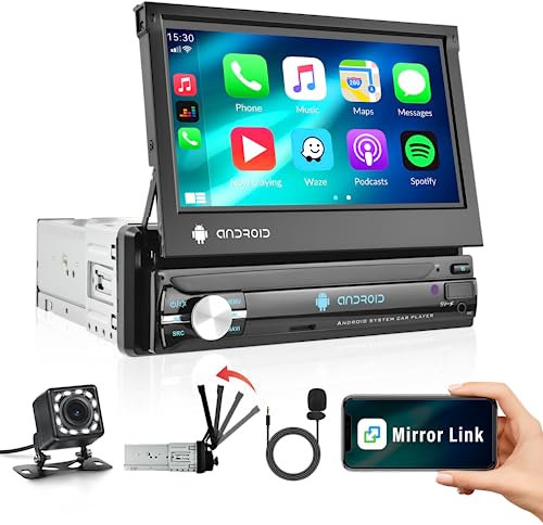 RDS Android 15 Single Din Autoradio mit Bluetooth Freisprecheinrichtung,7 Zoll 1 Din Bildschirm Ausfahrbarem Display mit GPS Navi WiFi Mirror Link FM/RDS Dual USB/Fast Change SWC Rückfahrkamera