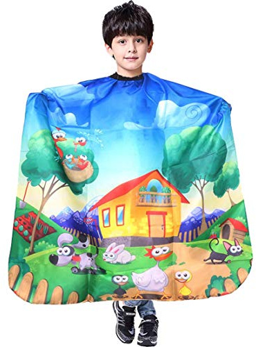 Kinder Haarschnitt Umhang Cartoon-Print Haarschneideumhang Friseurumhang Friseurschürze Umhang Schal mit Verstellbaren Schnappverschluss Wasserdichtes (Happy Farm)