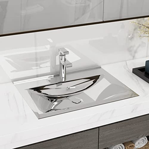 WIFESE Lavandino con Troppopieno in Ceramica Argento Lavabo Bagno Sospeso Lavandino Da Appoggio Lavabo Sospeso Mobile Sospeso Bagno Lavabo Da Appoggio Lavatoio Ceramica 60x46x16 cm