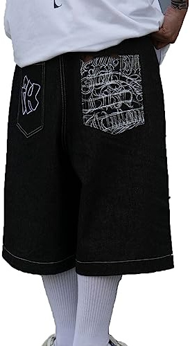OneForus Pantaloni Corti Jeans Uomo Larghi 3/4 Lunghezza Baggy Casual Streetwear Hip Hop Ricamo Artistico Retrò Cargo Skate