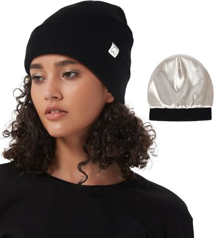 Hat Hut Unisex Slouch Beanie Satin Gefütterte Wintermütze Strickmütze für Haar, Warme Satin Lined Beanie Mütze für Damen Herren (DE/NL/SE/PL, Alphanumerisch, Einheitsgröße, Schwarz)