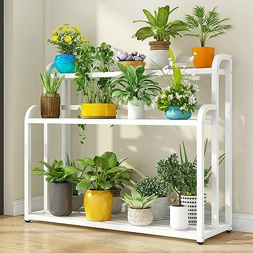 DECORN Pflanzenständer für Drinnen und Draußen – Robustes Pflanzenregal aus Metall mit 3 Etagen, Topfhalter und Rollen – Leiter-Pflanzenregal, Blumenständer, Halter für Garten, Terrasse,White-100cm L