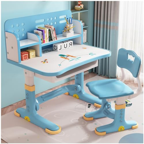 SINBINTA Kinder-Schreibtisch-Set mit Stuhl, höhenverstellbar, Stauraum | Höhenverstellbares Tisch-Stuhl-Set mit Schublade, Bücherregal, Fußstütze, abgerundeten Kanten und rutschfesten Füßen