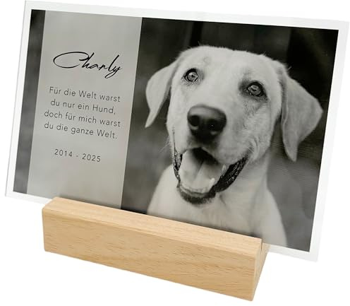 DEL MÀ Unique & Personal Andenken an verstorbenen Hund Bild Gedenktafel aus Acryl zur Erinnerung & Trauer personalisiert mit Foto Geschenk für Hundebesitzer inkl. Holzfuß 13x20 cm (Querformat)