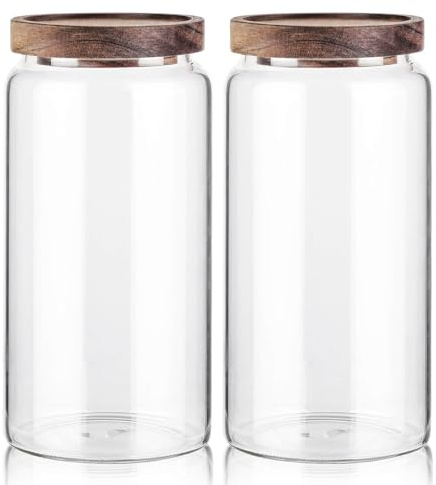 Labina Vorratsgläser Glas mit Holzdeckel, 2x1200ml Glasbehälter Töpfe | Weithals Aufbewahrungsglas mit Lids, Luftdicht Aufbewahrungsglas mit Deckel für Zucker, Kekse, Spaghetti