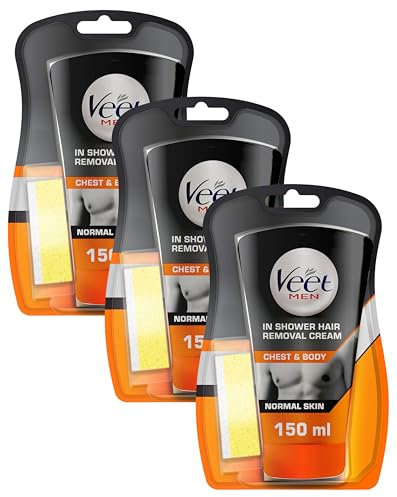 Veet Men In Shower Hair Removal Cream, Chest & Body, Normal Skin, 150ml each, 1 Sponge, No Risk of Cuts, 24 Hour Hydration, 7 Days of Smoothness, Dermatologically Tested (Packaging may vary)