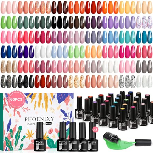 Phoenixy Kit Uñas Semipermanentes, 54 Colores Esmaltes Semipermanentes Uñas con Mate Brillantinado Brilloso y Base Top Coat, Rosa Amarillo Nude Kit Uñas Regalo para Mujeres