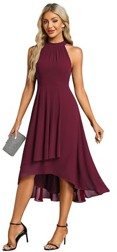 Ever-Pretty Midi Halter Neck Chiffon Wedding Guest Dress with Sleeveless and A-Line Women Dresses for Wedding Burgundy 18UK