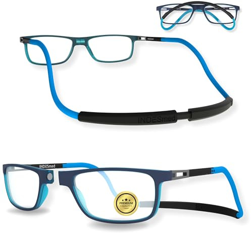 INDESMED Gafas de Lectura Magnéticas con Filtro de Luz Azul Ajustables | Ajuste Preciso Patentado 7 Posición, Ligeras, Diseño Moderno, Hombre y Mujer, Cordón Intercambiable y Flexible | INDESmed