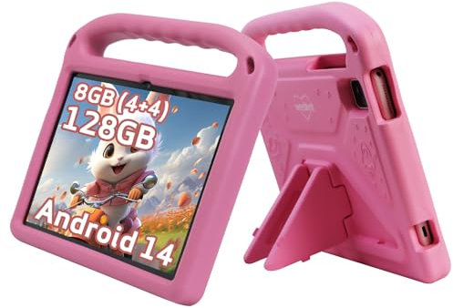 weelikeit Tablet per bambini aggiornato 2024 da 10 pollici Android 14 con custodia, 8 (4+4) GB di RAM 128 GB di ROM, Bluetooth WLAN, controllo bambini, schermo HD, batteria da 6000 mAh, rosa