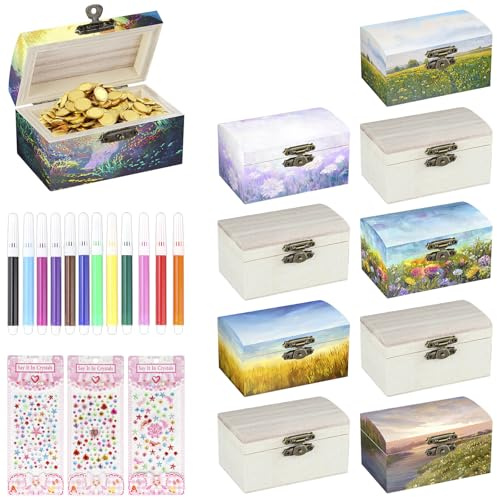SHUNNBUY 10 Stück Mini Schatztruhe Schatzkiste Kindergeburtstag 5 * 5 * 9cm DIY Kleine Holzkiste mit Deckel Kleine Schatztruhe Bastelset Piratenparty Kindergeburtstag