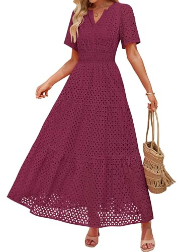 ZESICA Women's 2026 Summer Short Sleeve Maxi Dress Casual V Neck Hollow Out Eyelet Ruffle Swing A Line Long Dresses,Fuchsia,Medium