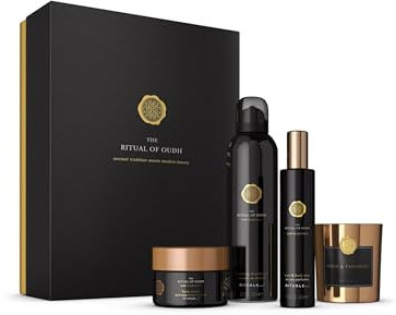 RITUALS Lujoso cofre Regalo para Mujer y Hombre The Ritual of Oudh. 4 Productos para Baño, Cuerpo y Hogar. Este original regalo incluye: Espuma de Ducha, Bruma para Cabello, Exfoliante Corporal y Vela
