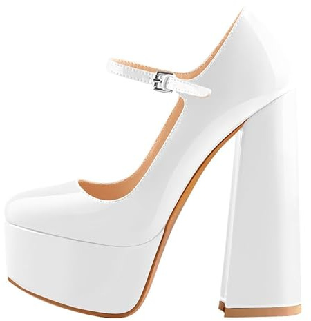 blingqueen Scarpe da donna con tacco alto Mary Jane con tacco a blocco, laccate, bianco, 42 EU