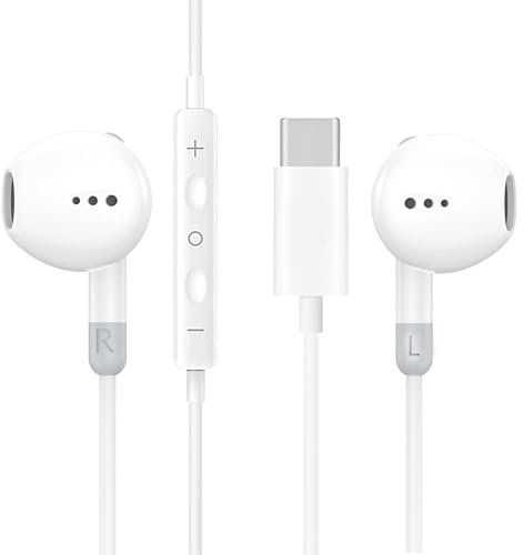 PH26 Auricolari cablati USB-C, auricolari auricolari auricolari in-ear con microfono e controllo del volume, auricolari stereo HiFi compatibili con Xiaomi Mi 10T Pro – bianchi