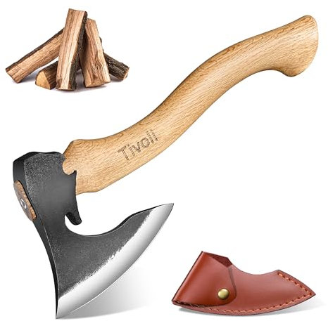 TIVOLI Survival Axt Outdoor - Hochwertige Camping Axt 42cm aus Kohlenstoffstahl,Handgeschmiedeter, hochwertiger Holzgriff mit Lederbezug,Perfekt für Notfall,Jagd & Outdoor-Abenteuer