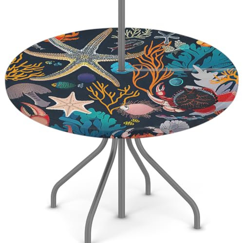 Woltant Tovaglia rotonda con foro per ombrellone e cerniera, facile da pulire, con bordi elastici, protezione per tavolo da giardino, patio, barbecue (stelle marine, granchio, corallo)
