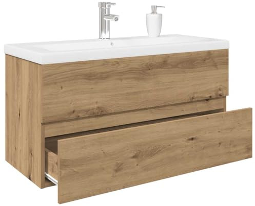 Gecheer Mobile Bagno con Lavabo Integrato, Rubinetto Caldo/Freddo, 90x38,5x45 cm, Truciolato e Ceramica, Mobile Sottolavello con Cassetto e Troppopieno for Bagno