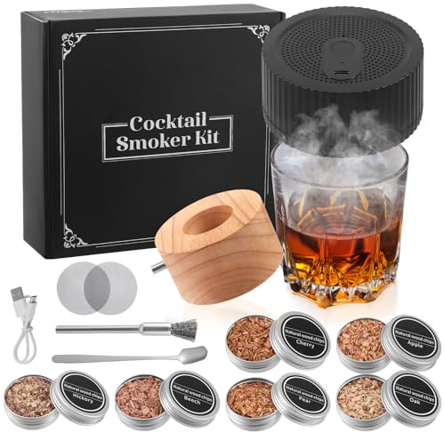 Gxpjycfob Kit de Fumoir électrique pour Cocktail, USB-C Rechargeable Whiskey Smoker Set with 6 Wood Chips, Whiskey and Bourbon Cocktail Accessories, Gifts for Dads and Cocktail Loving Men
