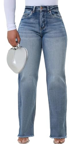 ZonJie Light Blue Jeans for Women High Waist Wide Leg Distressed Raw Hem Destroyed Straight Leg Stretchy Denim Pants,3058 Light Blue_Small