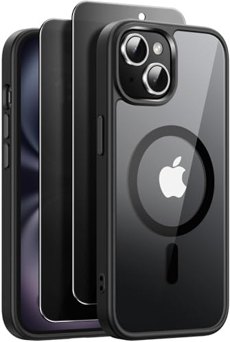Cover Magnetica per iPhone 15 con 2 Pezzi Privacy Pellicola Protettiva [Compatibile con MagSafe] [Protezione Militare Antishock] Custodia Sottile Anticaduta Trasparente Anti-Giallo, Nero