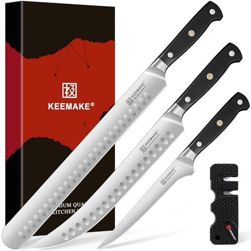 KEEMAKE Carving Knife Set - 12 Brisket Knife & 10 Butcher Knife & Boning Knife Set for Meat Ham Cutting Razor Sharp with Ergonomic Handle Full Tang Design