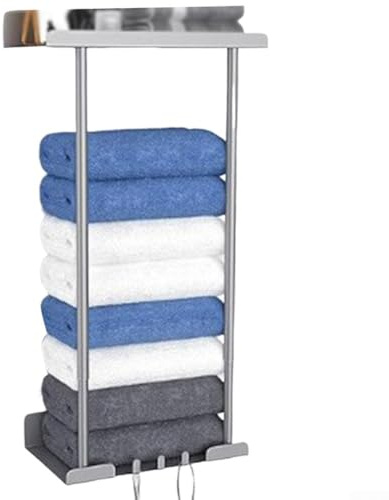 Portasciugamani telescopico da parete con altezza estensibile, ganci e mensola per riporre il bagno e appendere gli asciugamani (grigio)