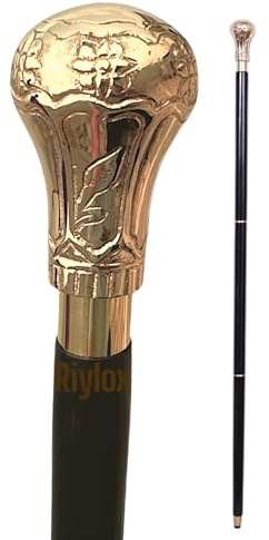 Réplique de la canne de marche Bat Masterson - Canne de marche en bois de 95,25 cm faite à la main avec poignée à pommeau en laiton - Finition noire et dorée - Canne de marche élégante pour hommes et