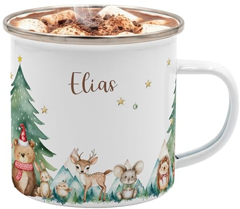 Kidsmood – Emaille Tasse mit Namen & Weihnachtsmotiv | Personalisierte Tasse für Kinder & Familie | Geschenk zu Weihnachten für Kinder, Mama, Papa, Oma & Opa | Bruchsicherer Trinkbecher