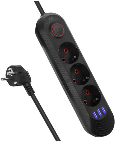 Maclean MCE394/MCE395 Multiprise | USB 2500W 1,5m | Compact avec Interrupteur, Ports USB éclairés à 45° | Montage Mural (Noir, 3 connecteurs)