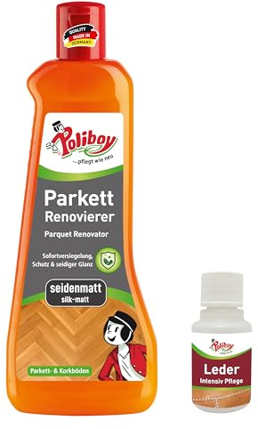 POLIBOY Parkett Renovierer Seidenmatt - Bodenaufbereiter mit Schutzeffekt für Parkettversiegelung - 1x 500ml - Mit Produktprobe - Made in Germany