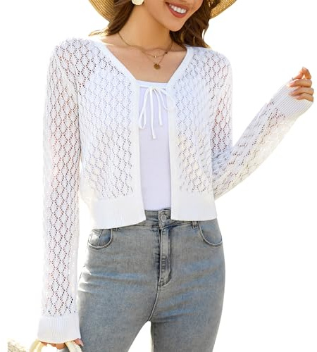 YUURQTY Veste d'été légère en tricot à manches longues pour femme - Cravate à l'avant - Courte - Veste boléro festive pour robe