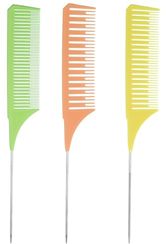 HJZHII 3PCS Highlighting Combs, Professional Hair Dye Comb Weaving Combs for Highlighting with Long Stainless Steel Rat Tail 3 Sizes for Hair Stylist Home Salon(Green, Yellow, Orange)