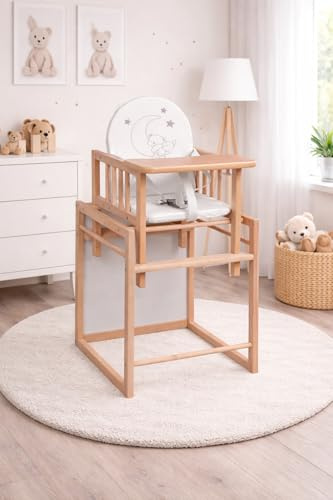 BASIC 2in1 Hochstuhl – Kinderstuhl mit Tischfunktion | kompakt & platzsparend | Buchenholz | 3 Designs (Natur Moon)