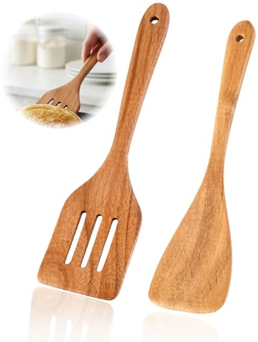 2 Stück Pfannenwender Holz, Küchenutensilien Holz Kochlöffel Holz Set Mit Schlitzwender Und Spatel Pfannenwender Holz Für Braten Wenden Holzlöffel Set Natürliches Design Für Küche