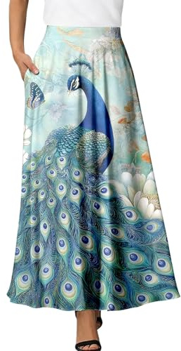 Jupe maxi pour femme imprimée artistiquement avec paon majestueux - Jupe longue trapèze avec poches - Jupe d'été élégante pour un look impressionnant