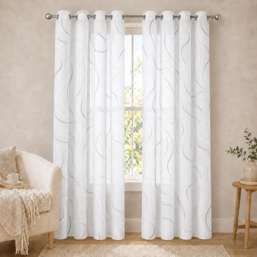 VKZ Coppia di Tende per Interni Semitrasparenti con Occhielli, Effetto Lino, Tende Filtranti Moderne per Soggiorno Camera da Letto Finestra, Motivo Astratto a Onde Bianco, 2 Pezzi,grigio