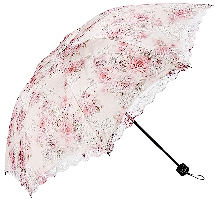 Honeystore Flower Print Vintage Parasol Anti-UV Folding Lace Embroidery Umbrella 3 Folding Beige