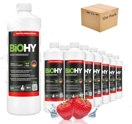 BiOHY Sanitärreiniger (12 x 1 Liter) | Bio Kalklöser Konzentrat für den Sanitärbereich | EXTRA STARKER Badreiniger gegen Urin | befreit Dusche & WC von Kalk & Schmutz | frischer Erdbeer-Duft