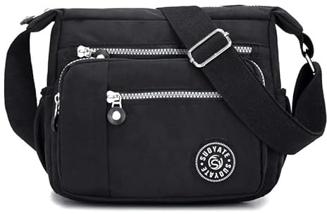 Womens Multi Pocket Casual Canvas Crossbody Bag Travel Purse Messenger Handbag for Shopping Hiking Daily Use (Black)